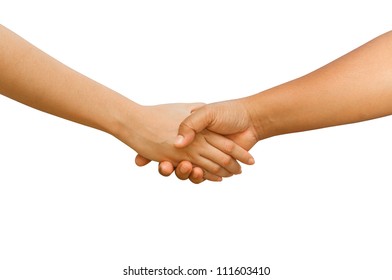 Shaking hands between man and woman  isolated on white background