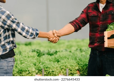 Shaking hands, Young friends smart farmer gardening, checking quality together in the salad hydroponic garden greenhouse, working together. - Powered by Shutterstock