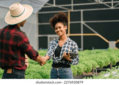 Shaking hands, Young friends smart farmer gardening, checking quality together in the salad hydroponic garden greenhouse, working together. - Powered by Shutterstock