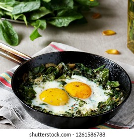 Shakshuka With Spinach Or Fried Eggs. Green Shakshuka. Cook In Israel. Paleo. Keto Diet Dish. Square Format