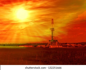 Shale Gas Drilling With Sunrise In The Province Of Lublin, Poland.