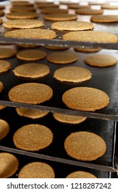 Shallow depth of feild image of Oat Cakes on an commercial baking tray, just after leaving the overn No.2