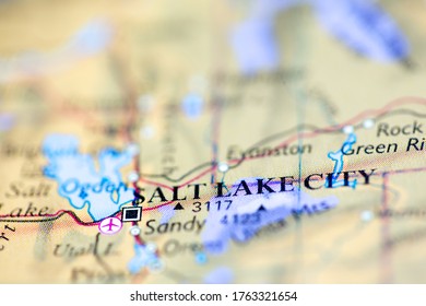 Shallow Depth Of Field Focus On Geographical Map Location Of Salt Lake City United States Of America USA Continent On Atlas