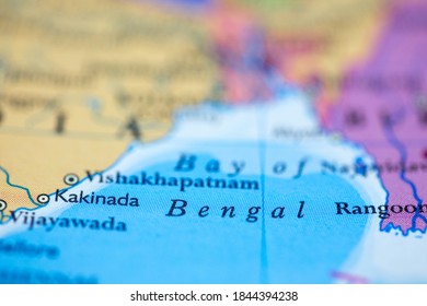 Shallow Depth Of Field Focus On Geographical Map Location Of Bay Of Bengal Off Coast Of India On Atlas