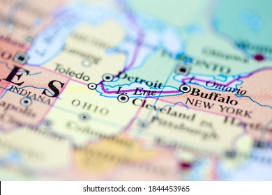 Shallow Depth Of Field Focus On Geographical Map Location Of Lake Erie Off Inland Of Canada On Atlas