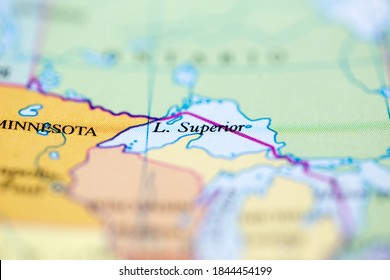 Shallow Depth Of Field Focus On Geographical Map Location Of Lake Superior Off Inland Of Canada On Atlas