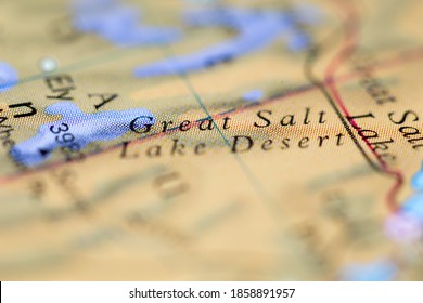 Shallow Depth Of Field Focus On Geographical Map Location Of Great Salt Lake Desert America Continent On Atlas