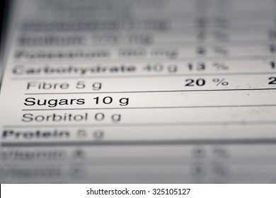 Shallow Depth Of Field Image Of Nutrition Facts Sugar Information We Can Find On A Grocery Store Product.