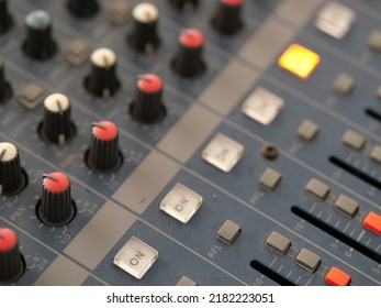 Shallow Depth Of Field (selective Focus) Image With The Controls On An Audio Mixer. Sound Recording Studio Mixing Desk. Music Mixer Control Panel. Closeup. Selective Focus.