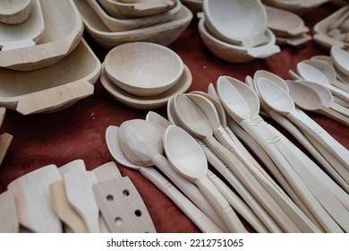 Shallow Depth Of Field (selective Focus) Details With Romanian Traditional Hand Crafted Wooden Kitchen Utensils (bowls, Spatulas, Forks, Spoons).