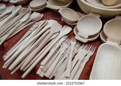 Shallow Depth Of Field (selective Focus) Details With Romanian Traditional Hand Crafted Wooden Kitchen Utensils (bowls, Spatulas, Forks, Spoons).