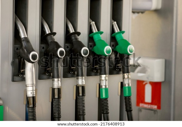 Shallow depth of field (selective focus) details
with fuel pumps at a gas
station.