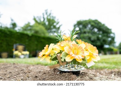 Shallow Focus Of Artificial Yellow Daffodils Seen On A Freshly Dug Grave.