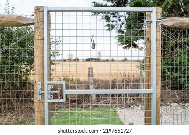 Shallow Focus Of A Newly Installed Unlock Farm Gate Leading To A Paddock. The Padlock Is Seen Unlocked And Attached To The Fence For Safe Keeping.