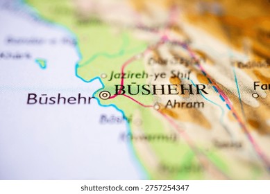 Shallow focus road map centered on Bushehr Iran coastal transport hub