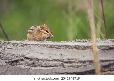 A shallow focus shot of an eastern chipmunk standing on a rock with blur background - Powered by Shutterstock