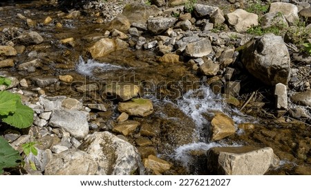 A shallow rocky river with rapids in the mountains