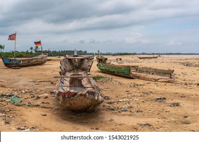 Shama Fishing Boats On The Beach After Time Water Left In Shama Ghana West Africa 2019 September 15.