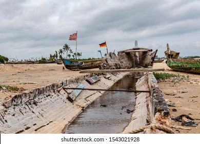 Shama Fishing Boats On The Beach After Time Water Left In Shama Ghana West Africa 2019 September 15.