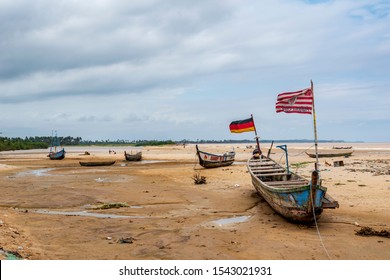 Shama Fishing Boats On The Beach After Time Water Left In Shama Ghana West Africa 2019 September 15.