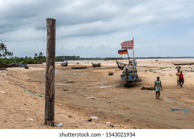 Shama Fishing Boats On The Beach After Time Water Left In Shama Ghana West Africa 2019 September 15.