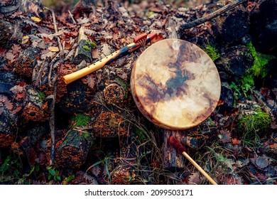 Shaman Drum In Landscape On Moss Wood