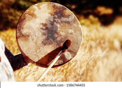 Shaman Frame Drum In Woman Hand In The Nature.