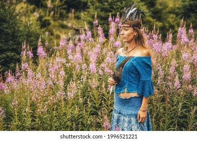 Shaman Woman And Shamanic Feathers On Denim.