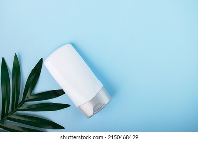 Shampoo Conditioner, Hair Dye, Natural Organic Cosmetics, Bottle In The Bathroom On A Blue Background