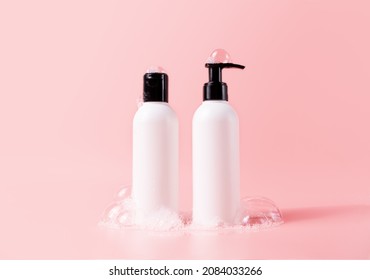 Shampoo And Hair Conditioner Bottle With Soapy Bubbles. Beauty Hair Care Cosmetic Packaging Mockup