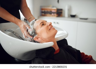 Shampoo, hairdresser and happy customer at a salon cleaning, massage and washing head for luxury wellness treatment. Hands, happiness and beauty client with a smile at a grooming makeover in New York - Powered by Shutterstock