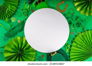 Shamrock saint patrick's day background, St. Patrick's holiday flat lay with party accessories, decor, golden coins, leprechaun's hat, eyeglasses, lucky horseshoe, confetti, beads on green background - Powered by Shutterstock