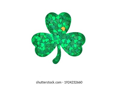 Shamrock Silhouette Filled With Green Clovers Confetti Texture With Orange Accent On A White Background. Happy St. Patrick's Day Symbol In Irish Flag Colors. Spring 17 March Lucky Clover Symbol