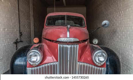 Shamrock, Texas/USA - June 14, 2018: Closeup Image Of Old Antique Pickup Truck Inside Historic Garage Of The Iconic U Drop Inn & Café. The Hangout Spot Of The 50's And 60's On Route 66.