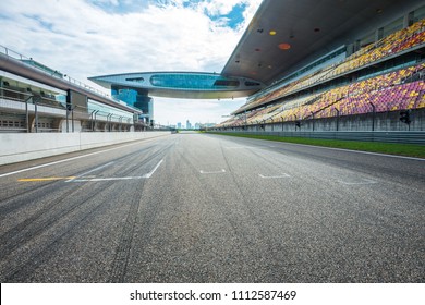 ShangHai, 18 AUG 2017 China: Empty Racing Track With Grandstand,
In The Middle Of Racing Track 