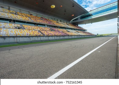 ShangHai, 18 AUG 2017 China: Empty Race Track , Formula 1 Circuit With Patron Grandstand Alongside