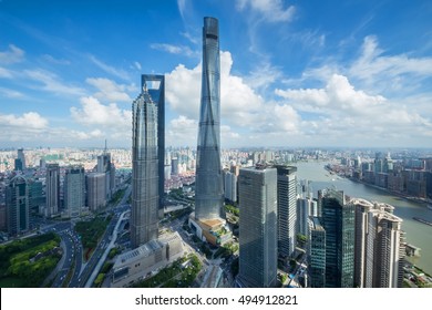 SHANGHAI - AUG 13, 2015: Jin Mao Tower, Shanghai tower, Shanghai World Financial Center and river quay, view from IFC hotel, 990 skyscrapers are in Shanghai