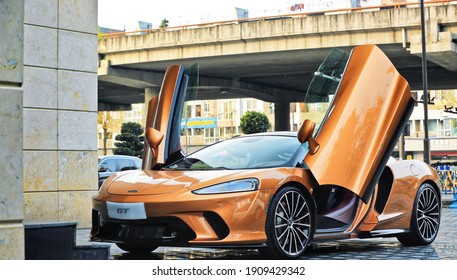 Shanghai, China - 3 February 2021: McLaren GT in orange color