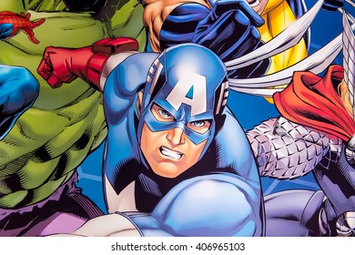 SHANGHAI, CHINA - APR 3, 2016: Captain America  illustration at the Shanghai Madame Tussauds wax museum. Marie Tussaud was born as Marie Grosholtz in 1761