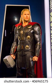 SHANGHAI, CHINA - APR 3, 2016: Chris Hemsworth as Thor at the Shanghai Madame Tussauds wax museum. Marie Tussaud was born as Marie Grosholtz in 1761