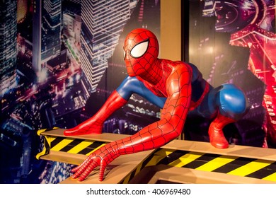 SHANGHAI, CHINA - APR 3, 2016: Spider man (Spiderman) at the Shanghai Madame Tussauds wax museum. Marie Tussaud was born as Marie Grosholtz in 1761