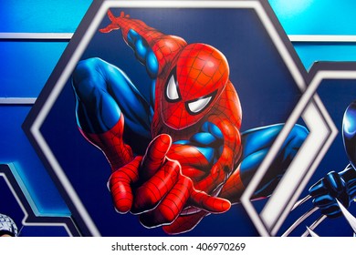 SHANGHAI, CHINA - APR 3, 2016: Spiderman illustration at the Shanghai Madame Tussauds wax museum. Marie Tussaud was born as Marie Grosholtz in 1761