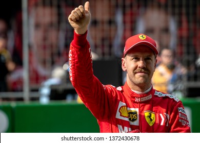 SHANGHAI, CHINA - APRIL 13, 2019: Sebastian Vettel, Germany competes for Scuderia Ferrari in the 1000th Formula 1 race at the Shanghai International Circuit in China.
