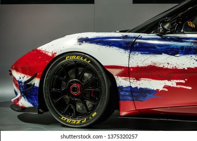 Shanghai, China - April 16 2019: Lotus Evora GT4 Concept racer painted with Union Jack and Pirelli P Zero racing slick tire displayed at 18th Shanghai International Automobile Industry Exhibition