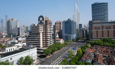 Shanghai, China - April 21, 2022: Day 21 of lockdown. View of the empty Xizang Middle Road and People's Square, one of Shanghai's busiest roads during the lockdown due to Omicron. 