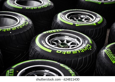Shanghai, China - April 6-9, 2017: Racing  Pirelli tires at Formula One Chinese Grand Prix at Shanghai Circuit.