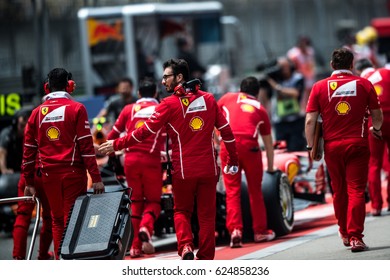 Shanghai, China - April 6-9, 2017: Pitlane Activity Mechanics In Scuderia Ferrari F1 Team At Formula One Chinese Grand Prix At Shanghai Circuit.