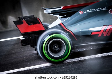 Shanghai, China - April 9, 2017: F1 Racing Pirelli Tyre Intermediate On HAAS F1 Team Car At Formula One Chinese Grand Prix At Shanghai Circuit.