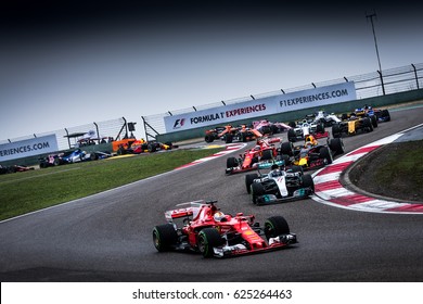 Shanghai, China - April 9, 2017: Start The F1 Race At Formula One Chinese Grand Prix At Shanghai Circuit.