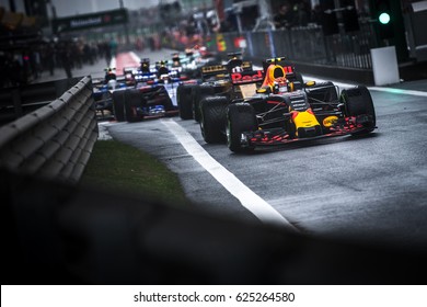 Shanghai, China - April 9, 2017: F1 Racing Car Leave Pitlane To The Track Before The Race At Formula One Chinese Grand Prix At Shanghai Circuit.